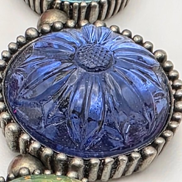 Blue Green Glass Bead Link Necklace Silver Tone Floral Molded 20" Adj Vintage - Picture 7 of 10